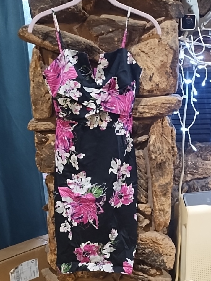 Donna Ricco Black Midi Dress With Pink And White Floral Print